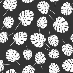 Summer tropical palm tree leaves seamless pattern. Vector grunge design for cards, web, backgrounds and natural product. Black and white monstera