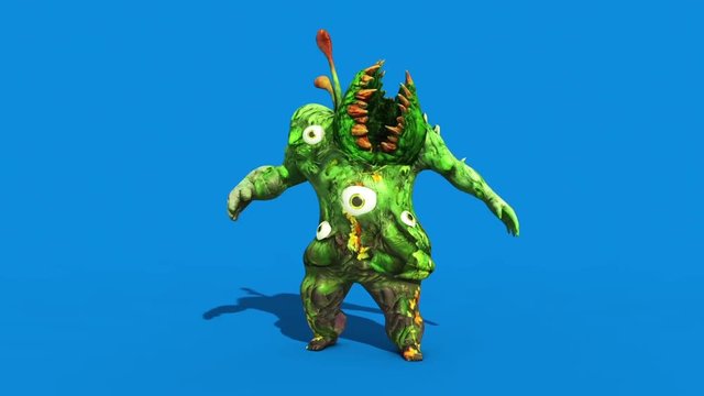 Monster man Carnivorous Plant Attacks Front Blue Screen 3D Rendering Animation