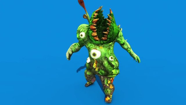 Monster man Carnivorous Plant Attacks Blue Screen 3D Rendering Animation