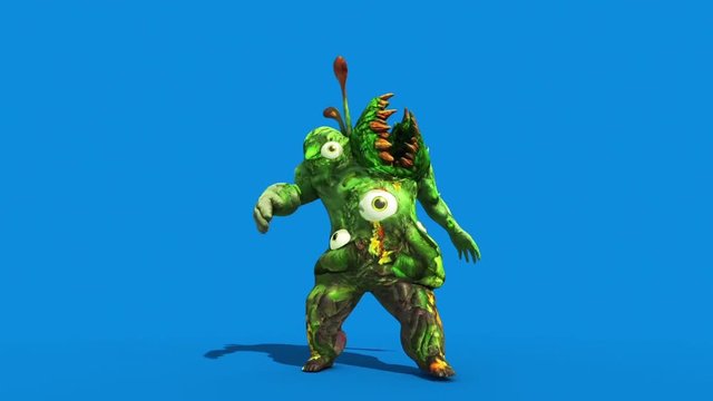 Monster man Carnivorous Plant Attacks Front down Blue Screen 3D Rendering Animation