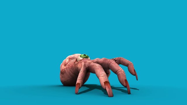 Monstrous Hand Brain Eye Jump Blue Screen 3D Rendering Animation