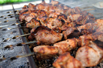 Shashlik, cooked over an open fire on the coals