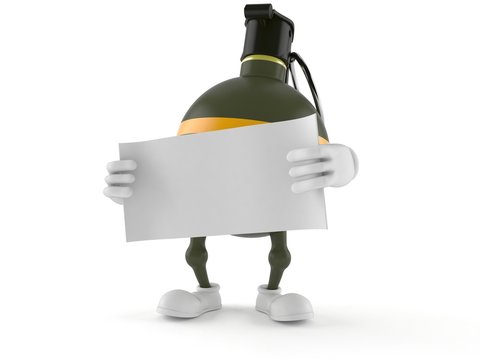Hand grenade character holding blank sheet of paper