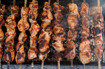 Shashlik, cooked over an open fire on the coals