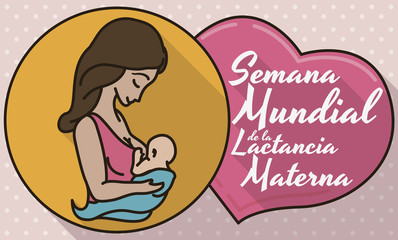 Medal and Heart with Mom and Baby for Breastfeeding Week, Vector Illustration