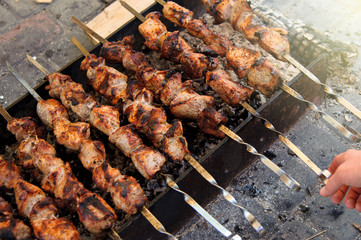 Shashlik, cooked over an open fire on the coals