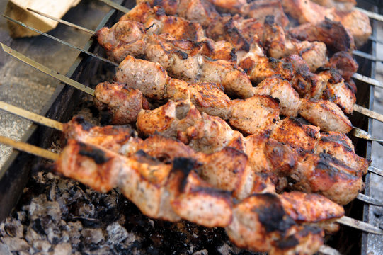 Shashlik, cooked over an open fire on the coals