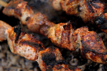 Shashlik, cooked over an open fire on the coals