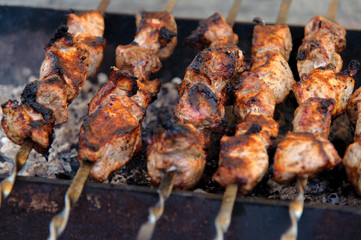 Shashlik, cooked over an open fire on the coals