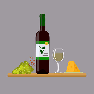 Bottle of white wine, wine glass, grapes and cheese, isolated on gray background