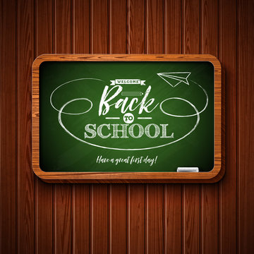 Back to school design with chalkboard and typography lettering on wood texture background. Vector illustration for greeting card, banner, flyer, invitation, brochure or promotional poster.