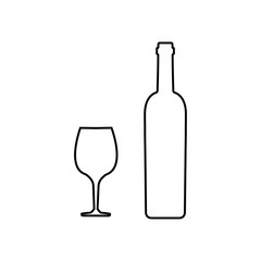 Wine Cheese and Grapes Black Contour on White Background