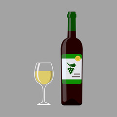 Bottle white wine and wine glass isolated on gray background