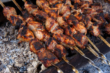 Shashlik, cooked over an open fire on the coals