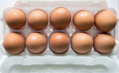 Brown eggs in white box.