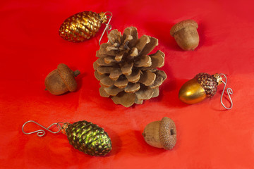 Christmas Ornaments, Pine Cone & Acorns on Red