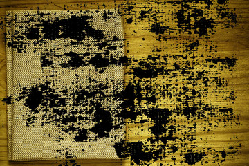 Grunge dirty Ultra yellow Postcard sample, linen fabric surface on wooden table with free copyspace for greeting text, mock-up, book cover sample