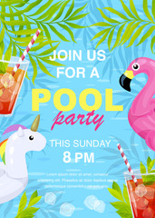 Vector illustration, invitation card design, join us for a Pool party text. Inflatable flamingo and unicorn in cartoon style.