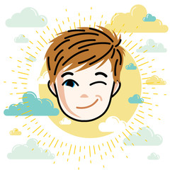 Boy face, vector human head illustration. Redhead kid winking.