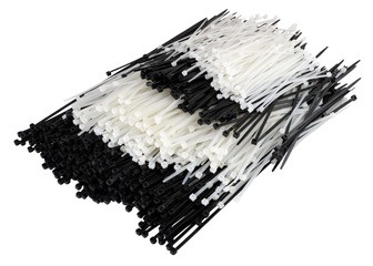 Black and white Cable ties isolated on white background - large group of objects