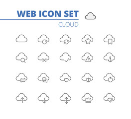 Fototapeta premium Cloud linear icons web set. Download, upload, settings and preferences symbols. Vector isolated outline