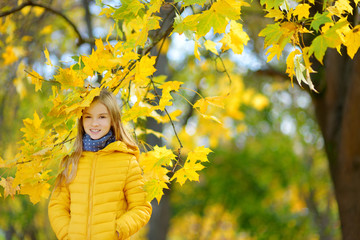 Cute little girl having fun on beautiful autumn day. Happy child playing in autumn park. Kid gathering yellow fall foliage.