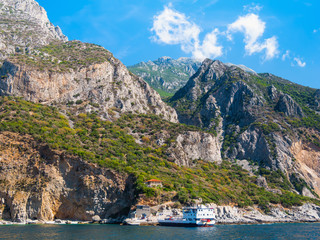 Ship standing on the pier. Aegean Sea. Athos, Greece