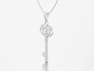 Fototapeta na wymiar 3D illustration white gold or silver decorative key in the form of a heart necklace on chain with diamond