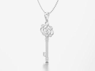 3D illustration white gold or silver decorative key in the form of a heart necklace on chain with diamond