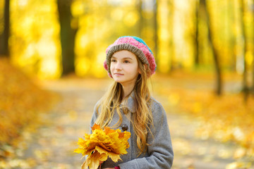 Cute little girl having fun on beautiful autumn day. Happy child playing in autumn park. Kid gathering yellow fall foliage.