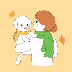 Cartoon cute woman hug dog vector.