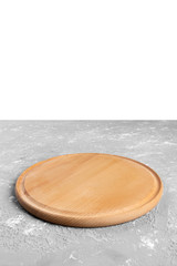 Top view bright empty wooden dish on black stone board background
