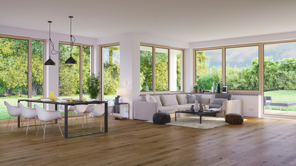 wohnzimmer in luxus villa mit garten - modern living room in luxury villa - obrazy, fototapety, plakaty