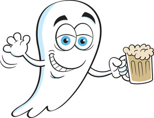 Cartoon illustration of a smiling ghost holding a beer.