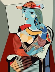 Bunter abstrakter Hintergrund, Kubismus-Kunststil, Frau mit Hut