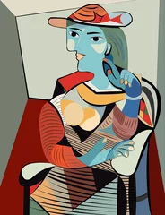 Foto auf Acrylglas Hotel Bunter abstrakter Hintergrund, Kubismus-Kunststil, Frau mit Hut