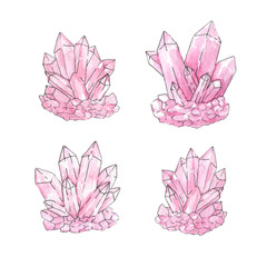 Hand painted watercolor and ink set of pink crystal clusters iso - 215837345