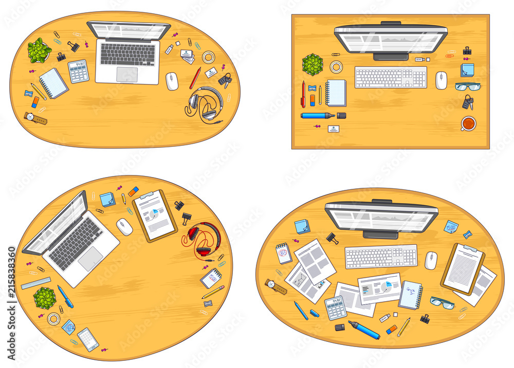 Fototapete work desks workspaces top view with pc or laptops and a lot of different stationery objects and anal