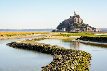 View of the Mont Saint-Michel tidal island, located in France on the limit between Normandy and...