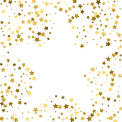 gold frame or border of random scatter golden stars on white background. Design element for festive banner, birthday and greeting card, postcard, wedding invitation. Vector illustration