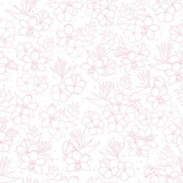 Vector tropical repeat pattern with orchid, hibiscus and bird of paradise flowers outline on the white dotted background. Backdrop exotic floral line art in pink pastel colors.