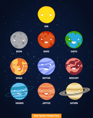 Colorful, fun, cute, cartoon bright solar system planet characters on universe background. Solar system planets icons vector set, educational, space concepts