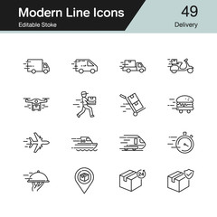 Delivery icons. Modern line design set 49. For presentation, graphic design, mobile application, web design, infographics. Editable Stroke. Vector illustration.