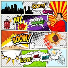 Obraz premium Comics Template. Vector Retro Comic Book Speech Bubbles Illustration. Mock-up of Comic Book Page with place for Text, Speech Bubbls, Symbols, Colored Halftone Background and Superhero