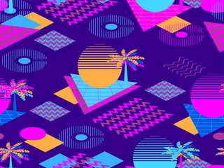Printed kitchen splashbacks Memphis style Memphis seamless pattern with palm tree. Geometric elements memphis in the style of 80s. Synthwave futuristic background. Retrowave. Vector illustration