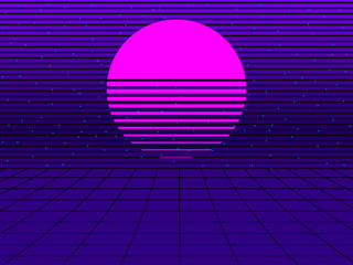 Neon sunset in the style of 80s. Synthwave retro futuristic background. Retrowave. Vector illustration