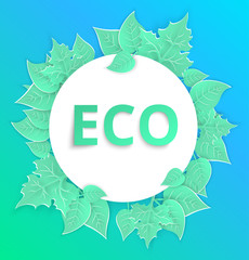 Fototapeta na wymiar Blue eco background with green paper art leaves.