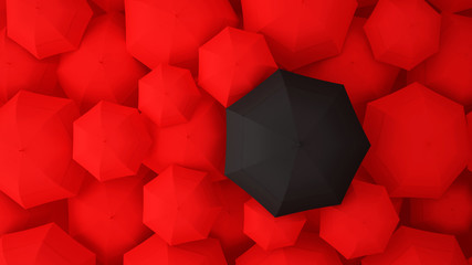Black umbrella on the background of many red umbrellas.Artwork for comparison of victory or Comparison of the competition.Business artwork.3D Illustration