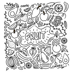 Collection of cartoon juicy fruits and berry. Vector illustration. Set of colorful fruit and berries. Fruit hand drawn in doodle style.