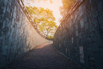 Stone block walkway at Fort Canning Park, Singapore. Vintage tone